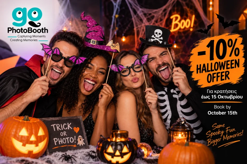 Τέσσερα άτομα ποζάρουν με Halloween props σε θεματικό σκηνικό με προσφορά 10% για το Vintage GoPhotoBooth