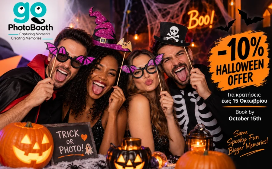 Τέσσερα άτομα ποζάρουν με Halloween props σε θεματικό σκηνικό με προσφορά 10% για το Vintage GoPhotoBooth