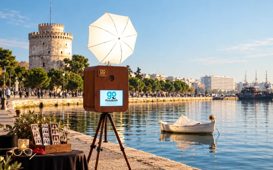 Ξύλινο booth και αξεσουάρ με τον Λευκό Πύργο στο βάθος