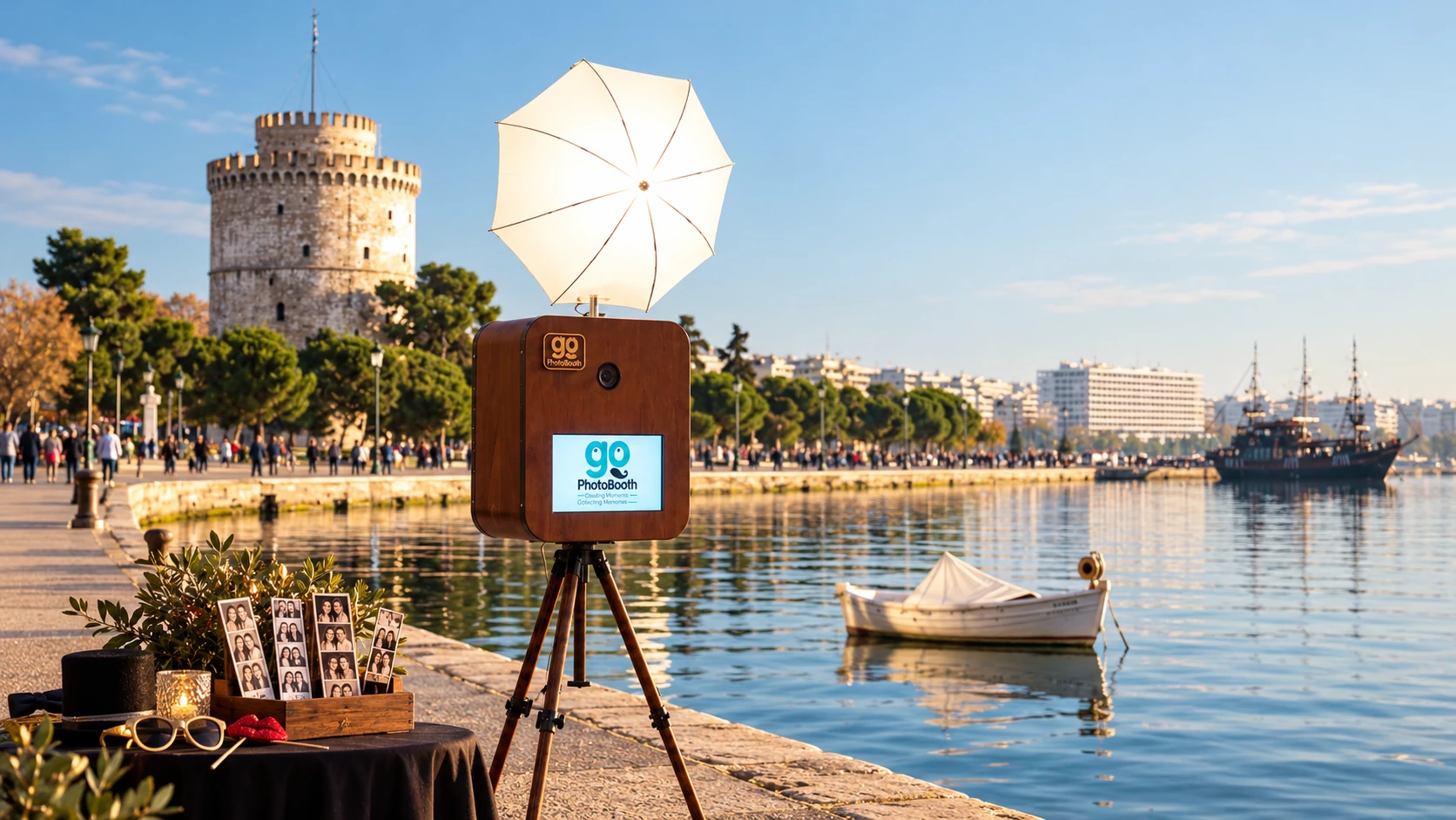 Ξύλινο booth και αξεσουάρ με τον Λευκό Πύργο στο βάθος